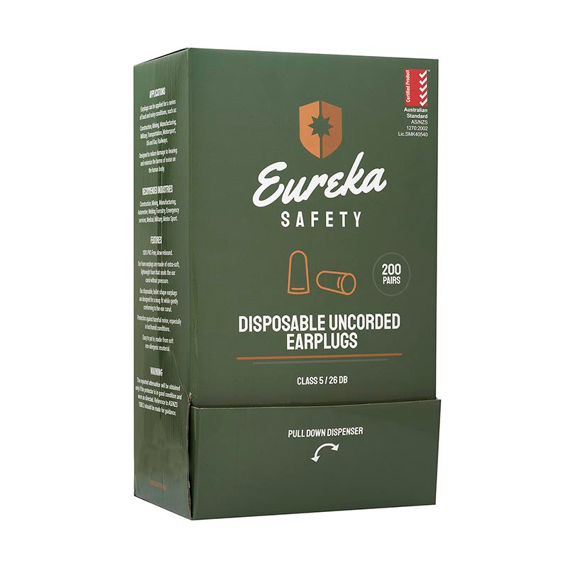 Eureka ear plugs uncorded with orange PU soft foam; bullet‑shape for snug fit; slow rebound; PVC‑free; Class 5 hearing protection; sold in box of 200 pairs