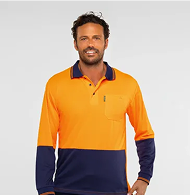 Hi‑vis polyester mesh polo long‑sleeve shirt in orange/navy; moisture‑wicking mesh; woven cuffs and collar; space for screen‑printing or embroidery; UPF 50+ day‑use