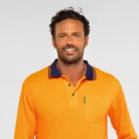 Hi‑vis polyester mesh polo long‑sleeve shirt in orange/navy; moisture‑wicking mesh; woven cuffs and collar; space for screen‑printing or embroidery; UPF 50+ day‑use