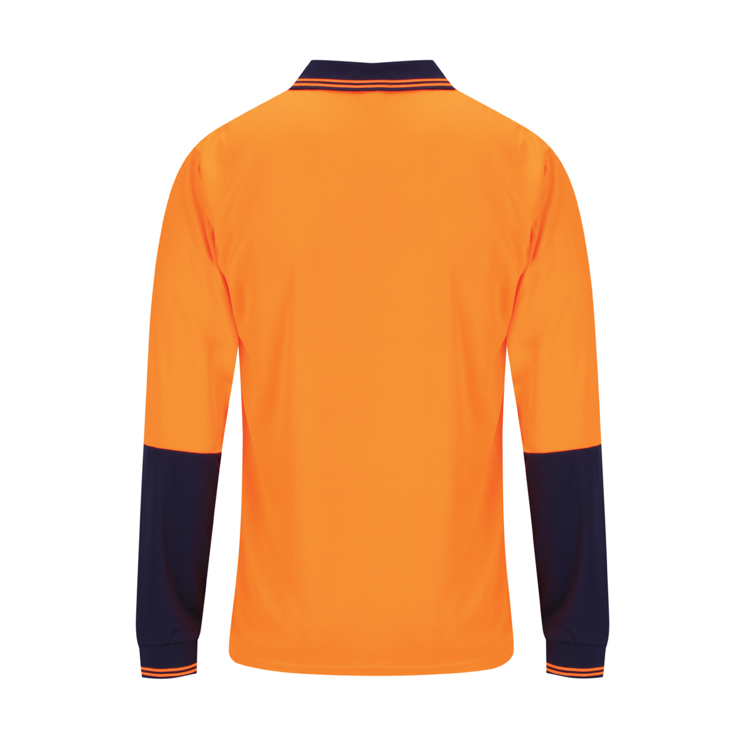 Hi‑vis polyester mesh polo long‑sleeve shirt in orange/navy; moisture‑wicking mesh; woven cuffs and collar; space for screen‑printing or embroidery; UPF 50+ day‑use