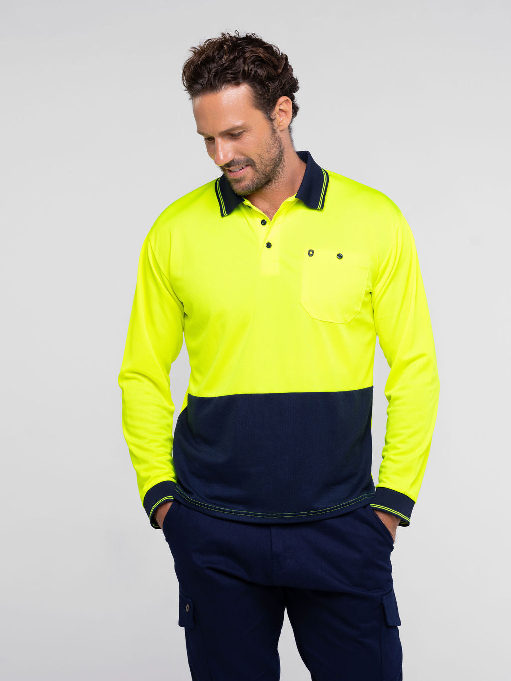 Hi‑vis polyester mesh polo long‑sleeve shirt in yellow/navy with moisture‑wicking fabric, woven cuffs and collar, large print areas and UPF 50+ sun protection