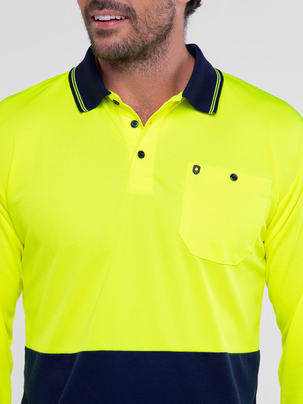 Hi‑vis polyester mesh polo long‑sleeve shirt in yellow/navy with moisture‑wicking fabric, woven cuffs and collar, large print areas and UPF 50+ sun protection