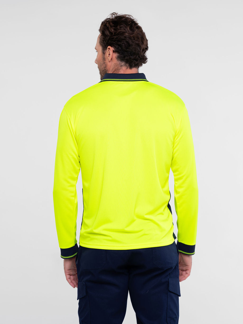 Hi‑vis polyester mesh polo long‑sleeve shirt in yellow/navy with moisture‑wicking fabric, woven cuffs and collar, large print areas and UPF 50+ sun protection