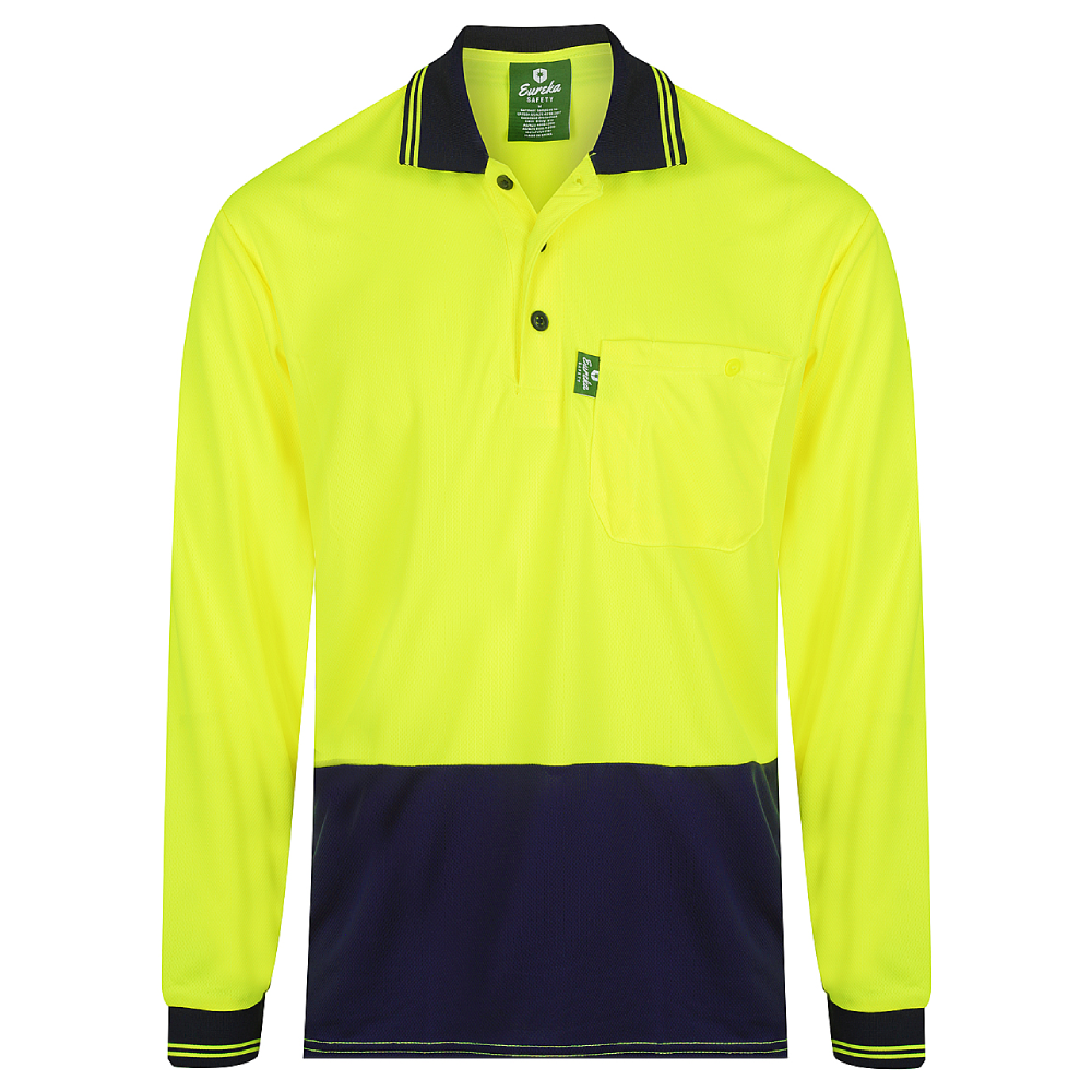 Hi‑vis polyester mesh polo long‑sleeve shirt in yellow/navy with moisture‑wicking fabric, woven cuffs and collar, large print areas and UPF 50+ sun protection