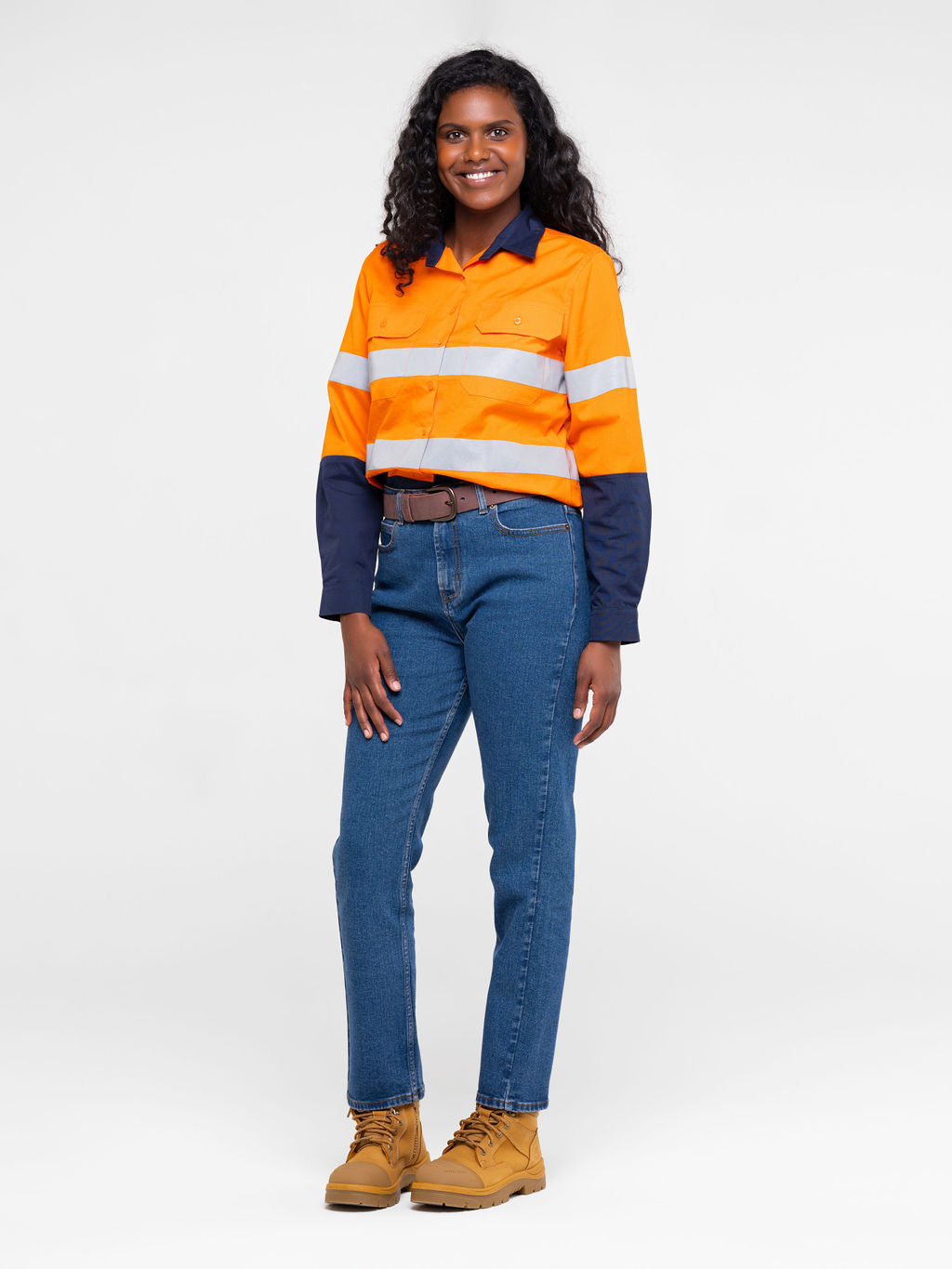 Ladies hi‑vis 190 gsm cotton drill shirt in orange/navy featuring reflective tape, extended sun‑protection collar, tapered fit and nine‑button front for day & night use