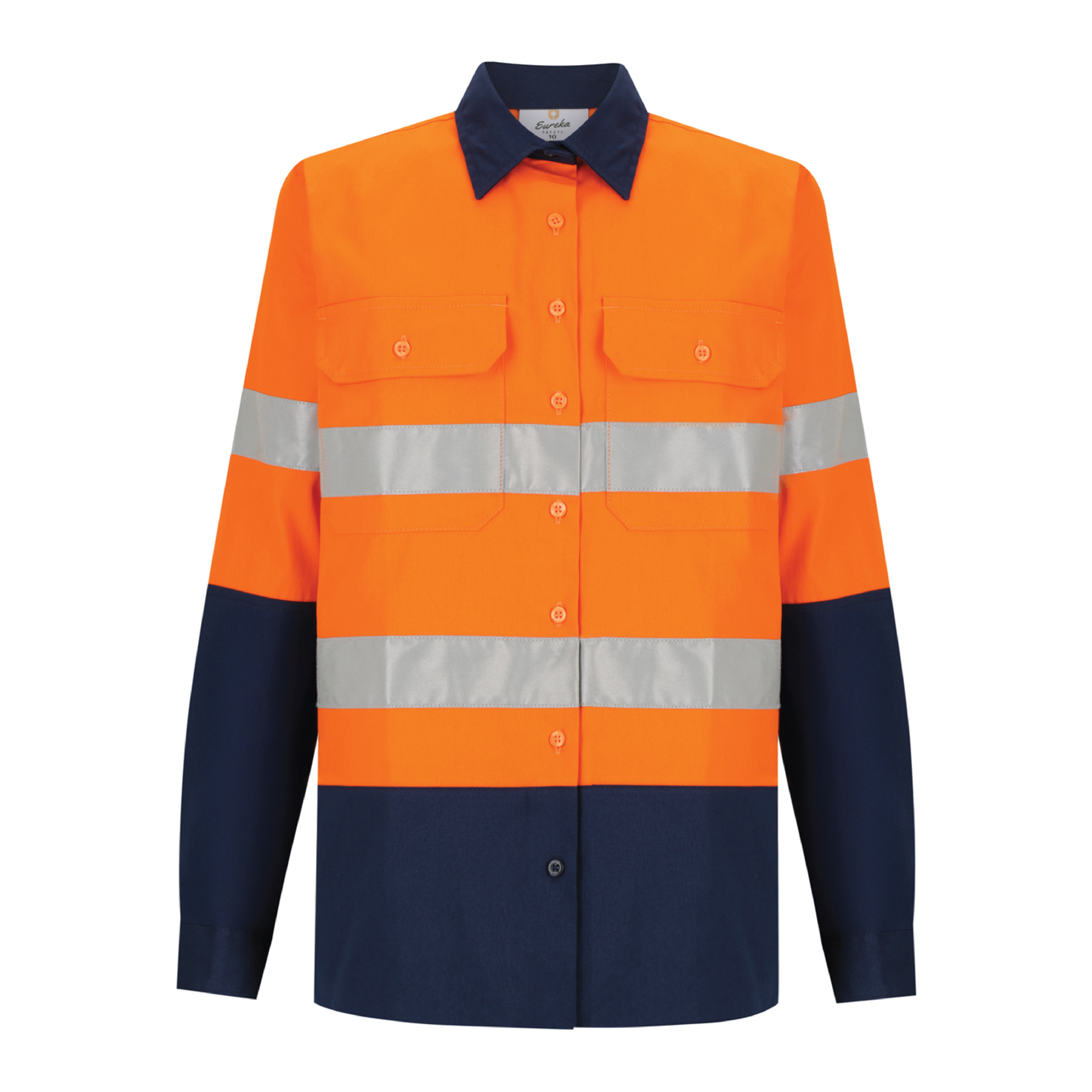 Ladies hi‑vis 190 gsm cotton drill shirt in orange/navy featuring reflective tape, extended sun‑protection collar, tapered fit and nine‑button front for day & night use