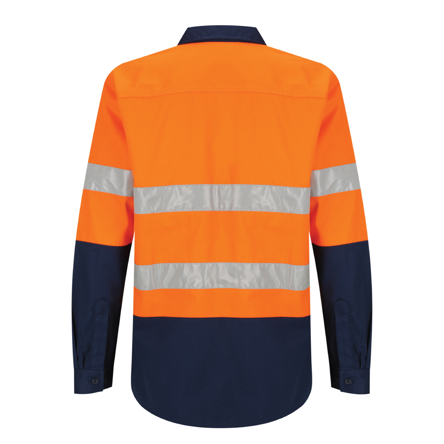 Ladies hi‑vis 190 gsm cotton drill shirt in orange/navy featuring reflective tape, extended sun‑protection collar, tapered fit and nine‑button front for day & night use