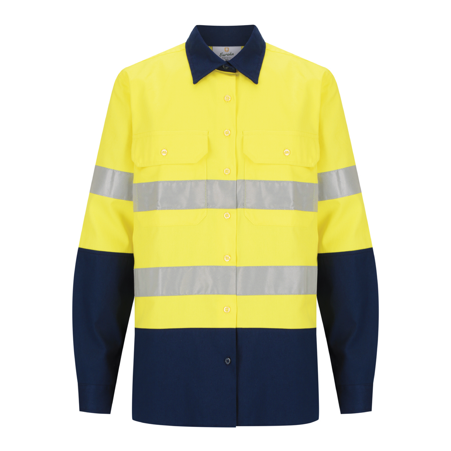 Ladies hi‑vis 190 gsm cotton drill shirt in yellow/navy with 50 mm reflective tape, extended sun‑protection collar, tapered fit and nine buttons for day & night use