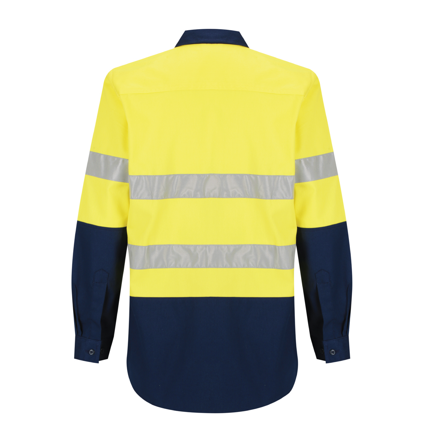 Ladies hi‑vis 190 gsm cotton drill shirt in yellow/navy with 50 mm reflective tape, extended sun‑protection collar, tapered fit and nine buttons for day & night use