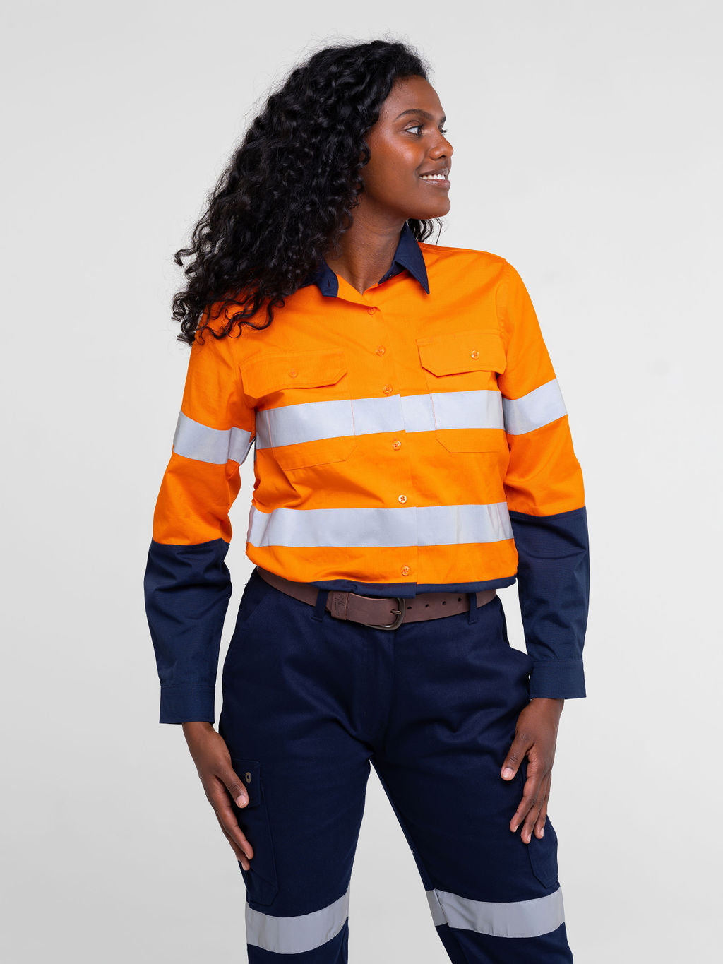 Ladies hi‑vis lightweight ripstop cotton shirt in orange/navy with reflective tape; underarm/back ventilation; extended sun‑protection collar; nine‑button design
