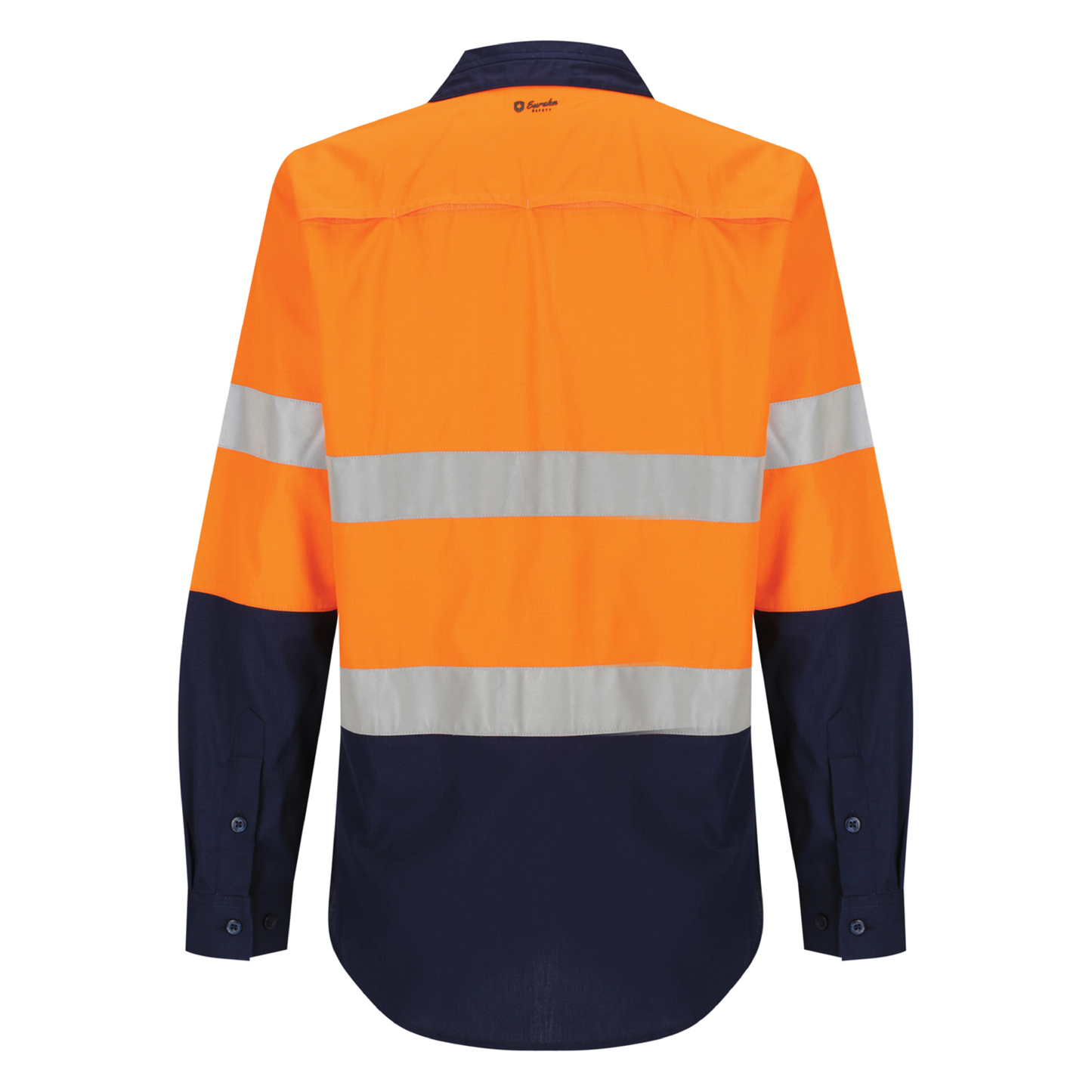 Ladies hi‑vis lightweight ripstop cotton shirt in orange/navy with reflective tape; underarm/back ventilation; extended sun‑protection collar; nine‑button design