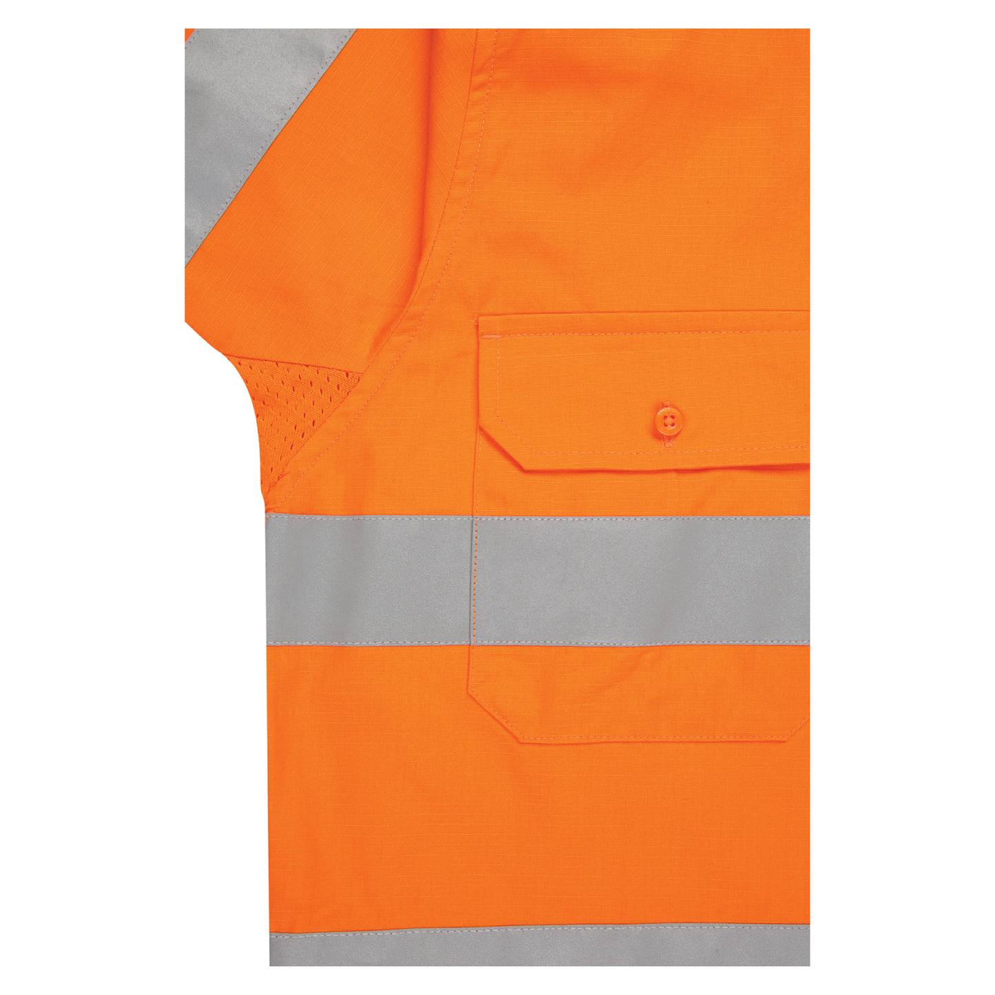 Ladies hi‑vis lightweight ripstop cotton shirt in orange/navy with reflective tape; underarm/back ventilation; extended sun‑protection collar; nine‑button design