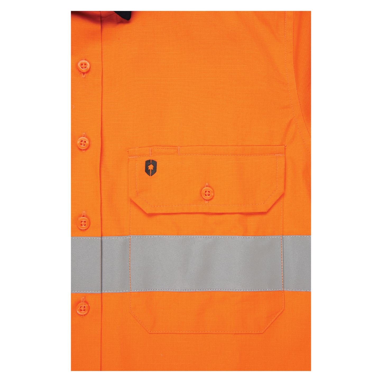 Ladies hi‑vis lightweight ripstop cotton shirt in orange/navy with reflective tape; underarm/back ventilation; extended sun‑protection collar; nine‑button design
