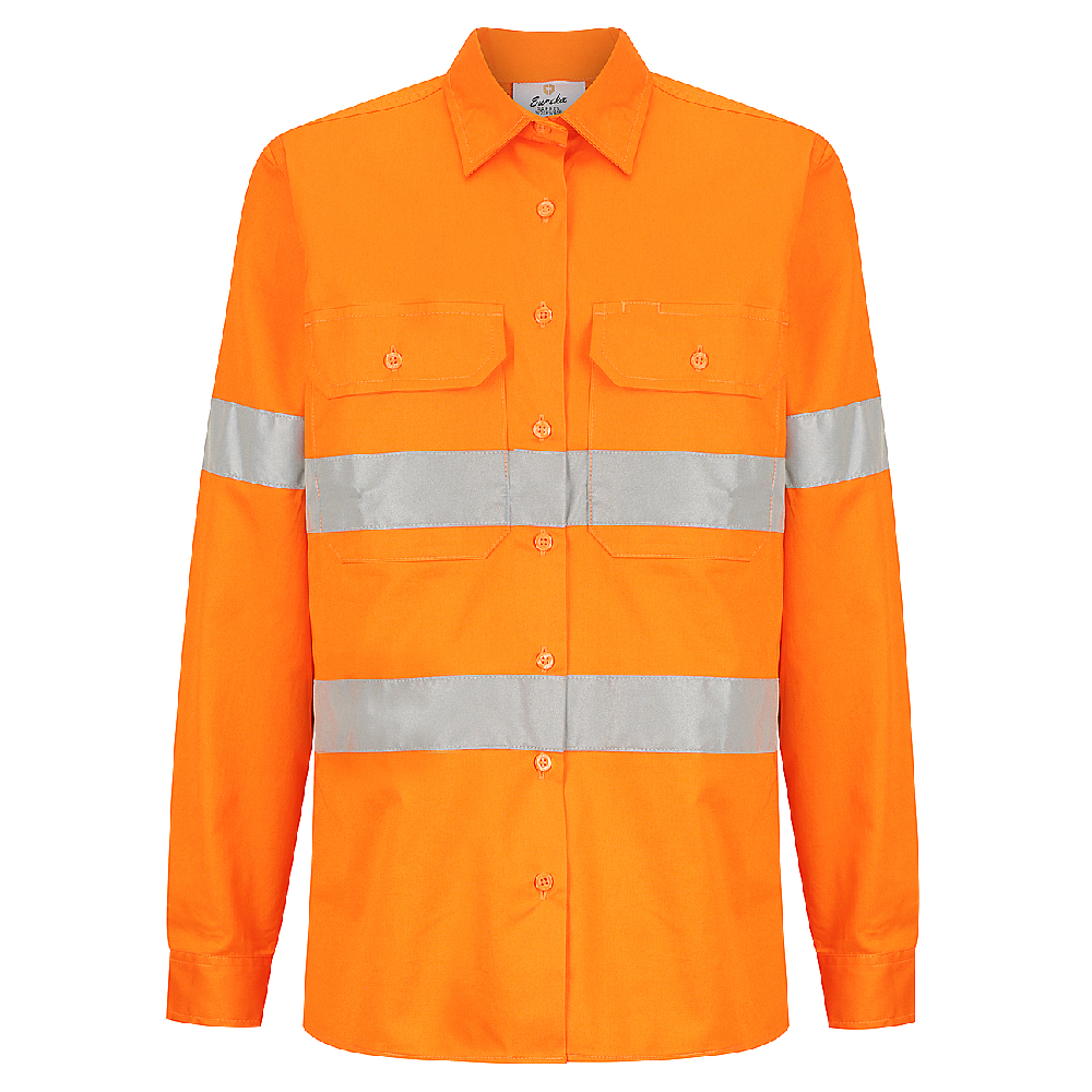 Ladies hi‑vis lightweight 150 gsm cotton ripstop shirt in orange with 50 mm reflective tape, underarm and back vents, extended sun‑protection collar and nine‑button front