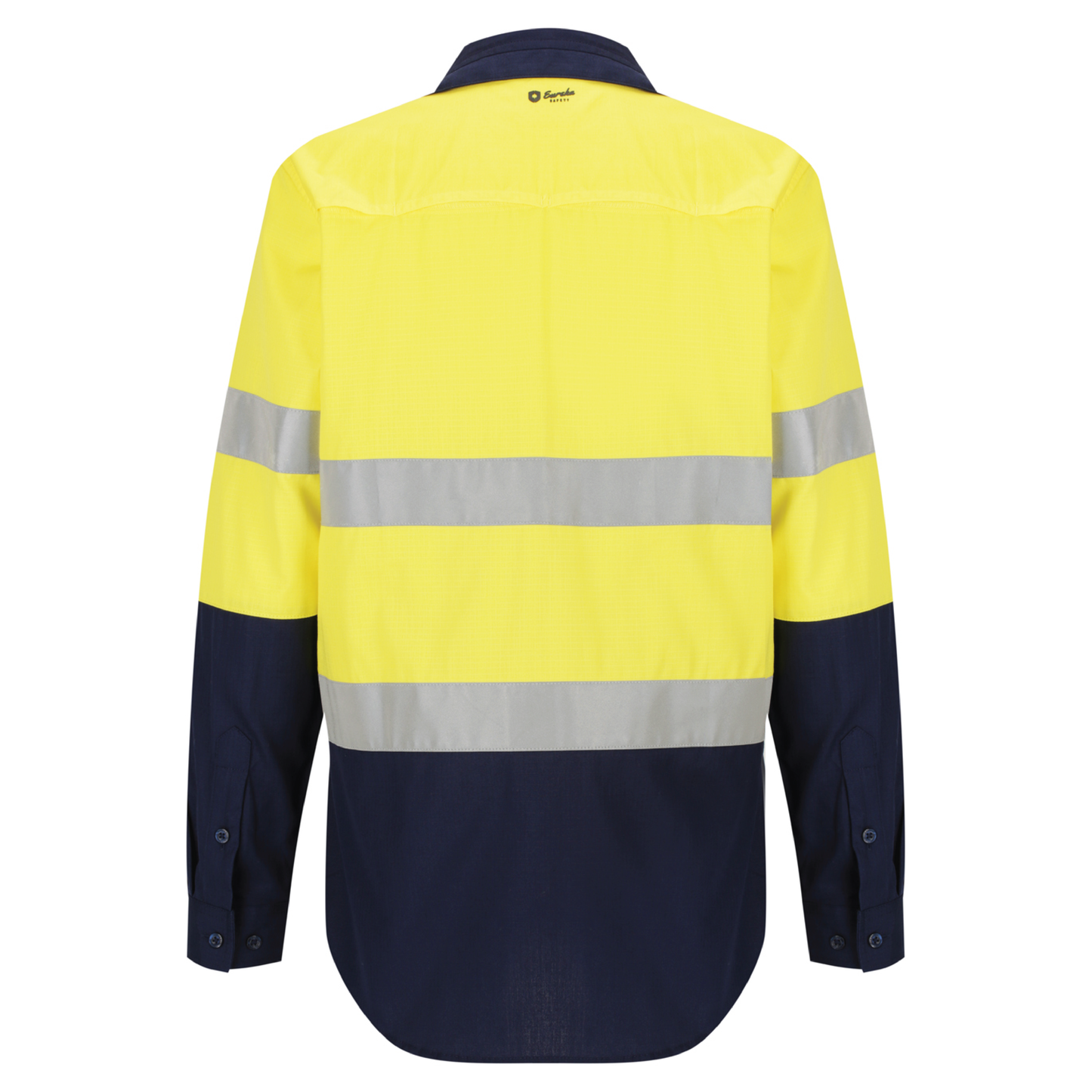 Ladies hi‑vis lightweight 150 gsm ripstop cotton shirt in yellow/navy; reflective tape; vented underarms/back; modern tapered fit; extended sun‑protection collar