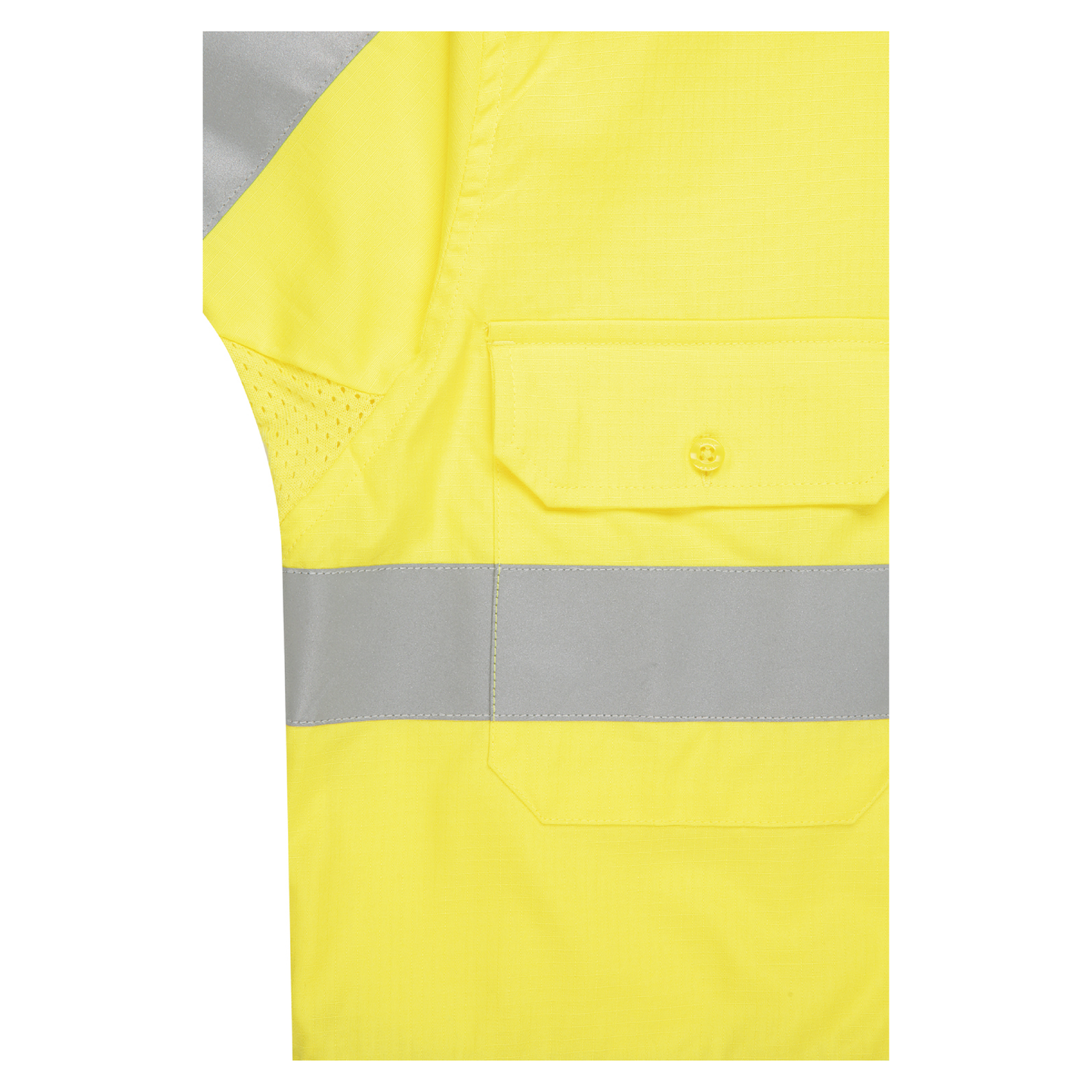 Ladies hi‑vis lightweight 150 gsm ripstop cotton shirt in yellow/navy; reflective tape; vented underarms/back; modern tapered fit; extended sun‑protection collar