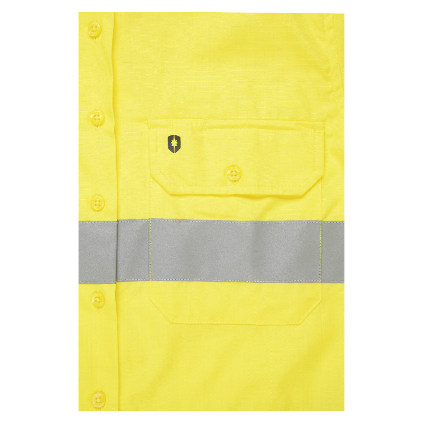 Ladies hi‑vis lightweight 150 gsm ripstop cotton shirt in yellow/navy; reflective tape; vented underarms/back; modern tapered fit; extended sun‑protection collar