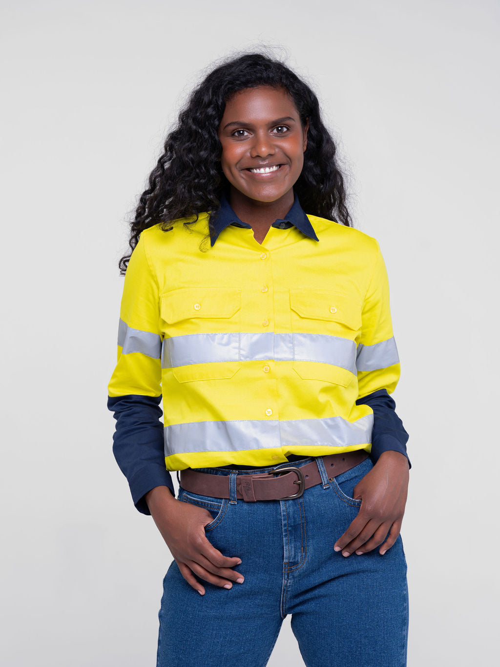 Ladies hi‑vis lightweight 150 gsm ripstop cotton shirt in yellow/navy; reflective tape; vented underarms/back; modern tapered fit; extended sun‑protection collar