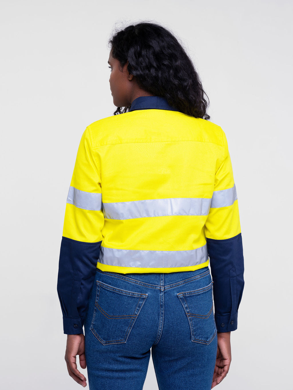 Ladies hi‑vis lightweight 150 gsm ripstop cotton shirt in yellow/navy; reflective tape; vented underarms/back; modern tapered fit; extended sun‑protection collar
