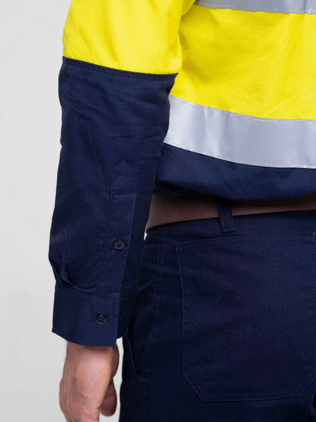 Ladies hi‑vis lightweight 150 gsm ripstop cotton shirt in yellow/navy; reflective tape; vented underarms/back; modern tapered fit; extended sun‑protection collar