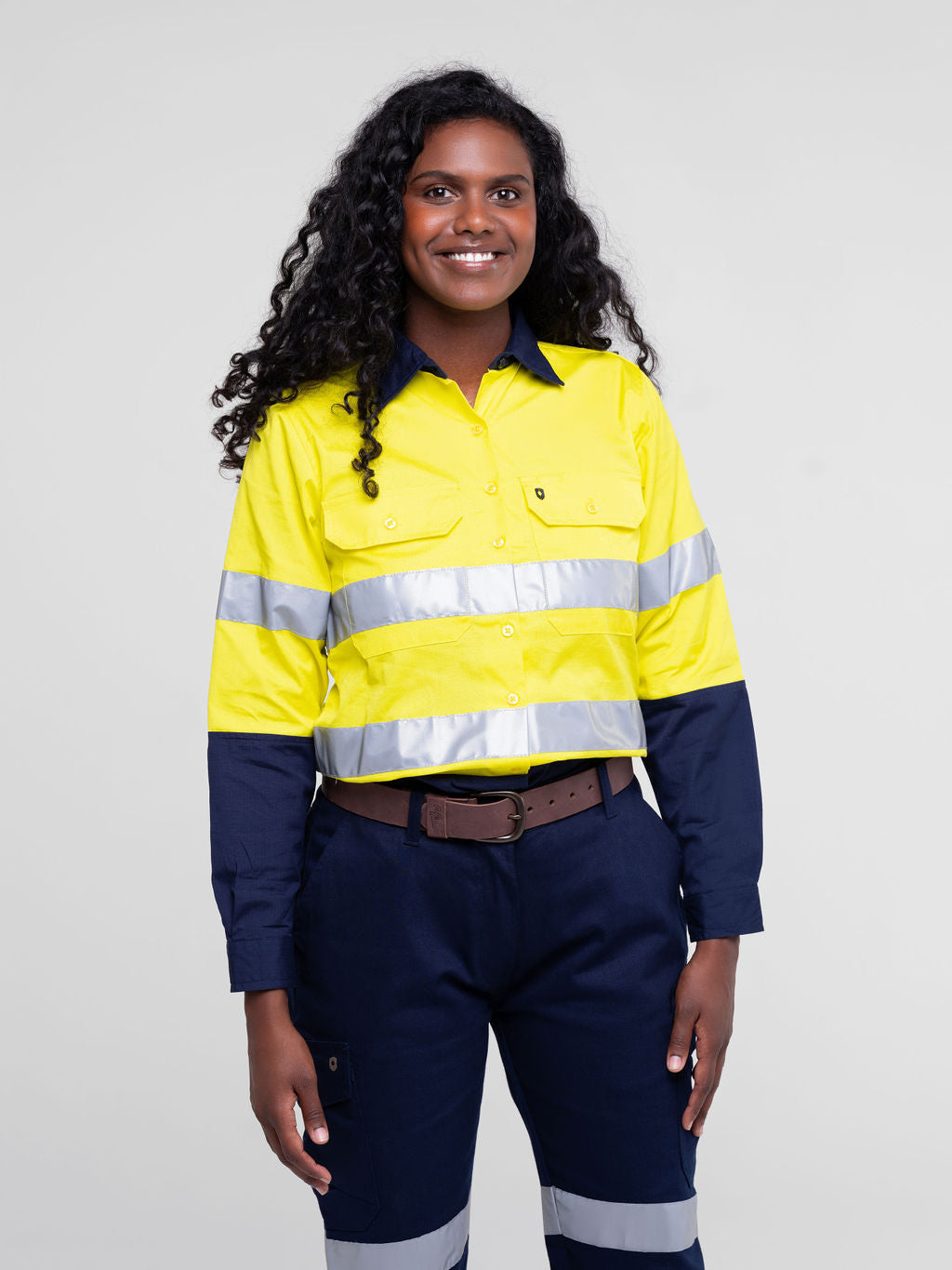 Ladies hi‑vis lightweight 150 gsm ripstop cotton shirt in yellow/navy; reflective tape; vented underarms/back; modern tapered fit; extended sun‑protection collar