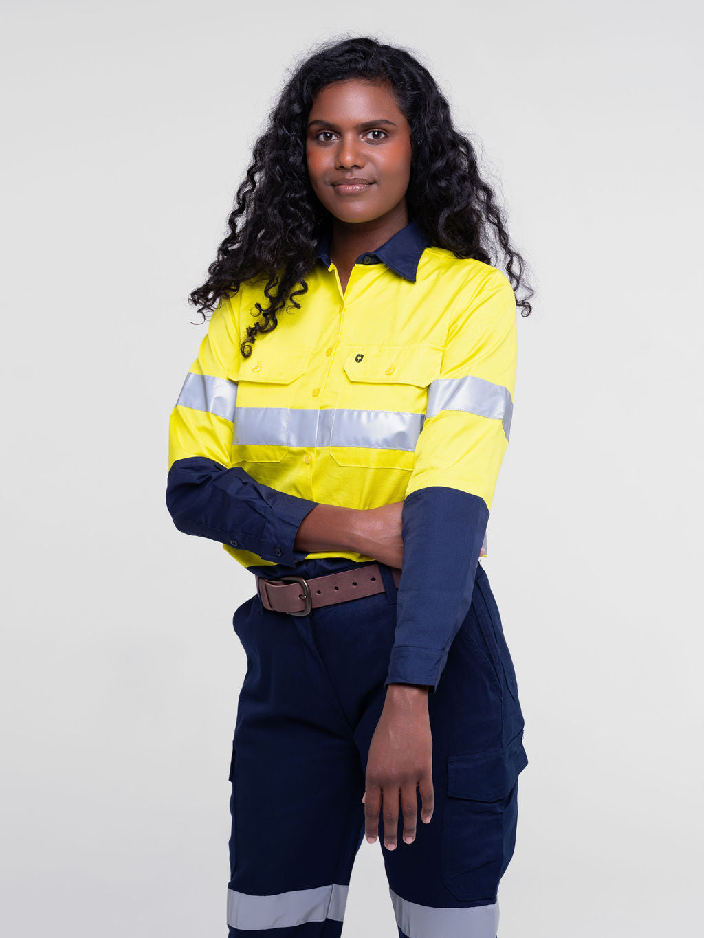 Ladies hi‑vis lightweight 150 gsm ripstop cotton shirt in yellow/navy; reflective tape; vented underarms/back; modern tapered fit; extended sun‑protection collar