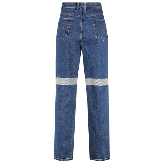 Ladies stretch denim jeans made of 13.75‑oz 97 % cotton and 3 % spandex with segmented reflective tape, golden brass zipper and four‑pocket women’s fit