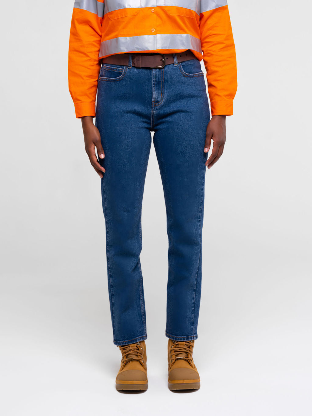 Ladies stretch jeans using 13.75‑oz 97 % cotton and 3 % spandex fabric with golden brass zipper and four‑pocket design for a comfortable women’s fit