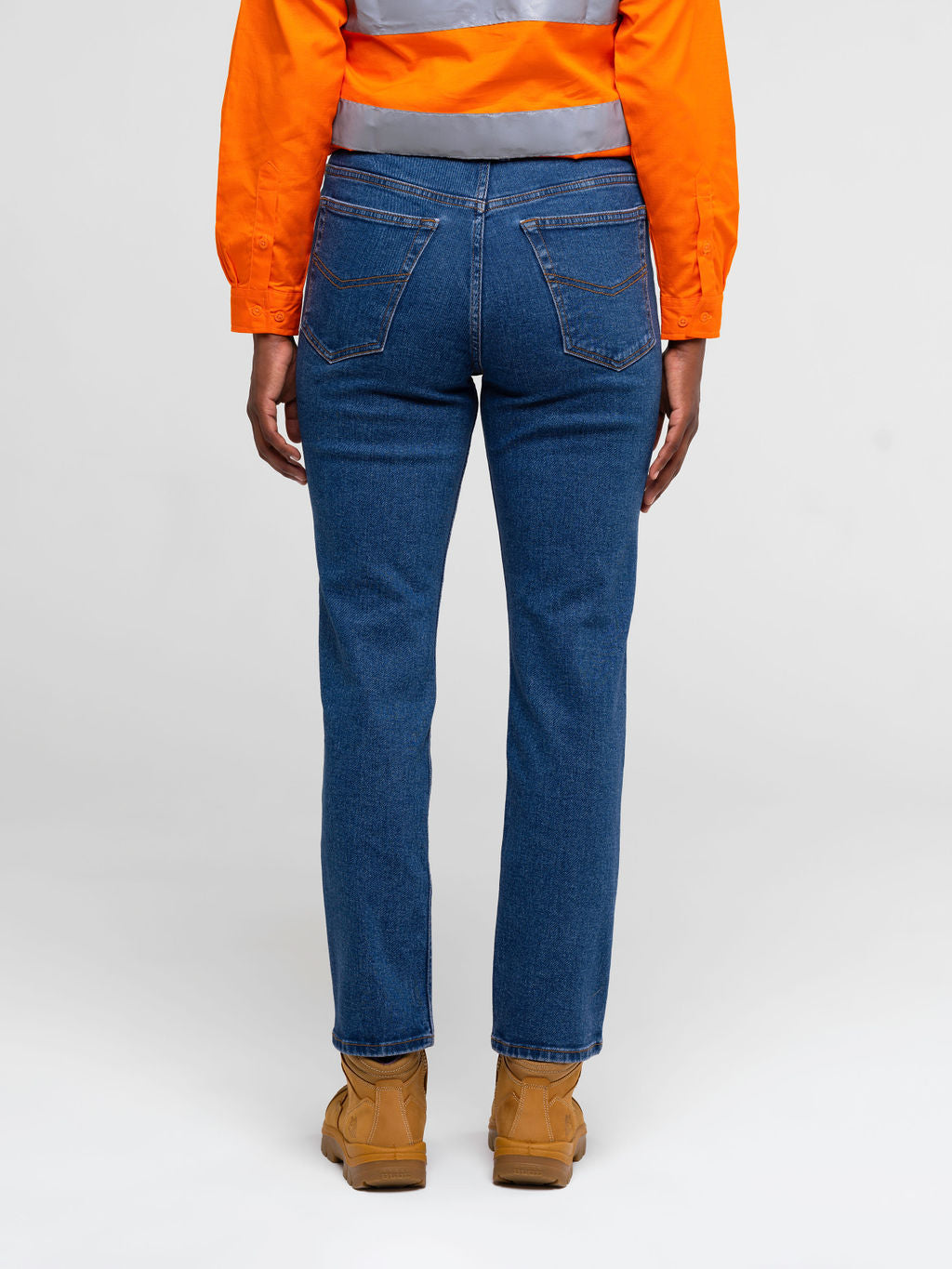 Ladies stretch jeans using 13.75‑oz 97 % cotton and 3 % spandex fabric with golden brass zipper and four‑pocket design for a comfortable women’s fit