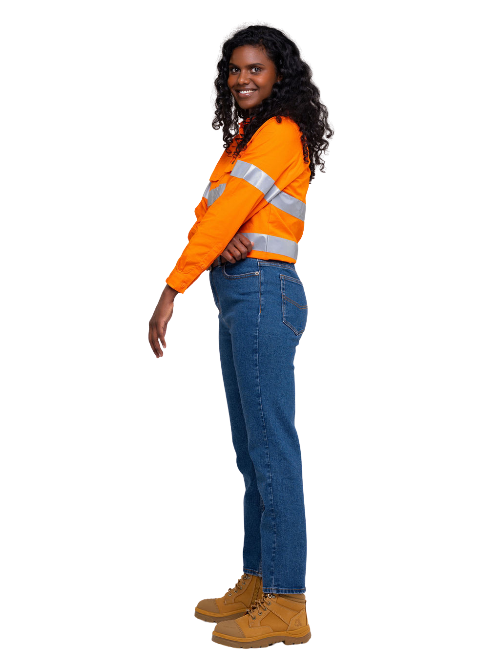Ladies stretch jeans using 13.75‑oz 97 % cotton and 3 % spandex fabric with golden brass zipper and four‑pocket design for a comfortable women’s fit