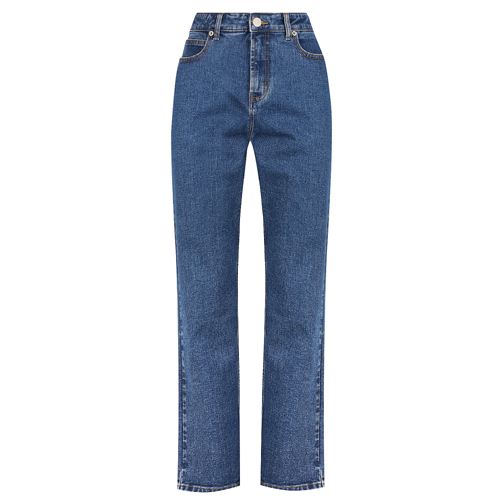 Ladies stretch jeans using 13.75‑oz 97 % cotton and 3 % spandex fabric with golden brass zipper and four‑pocket design for a comfortable women’s fit