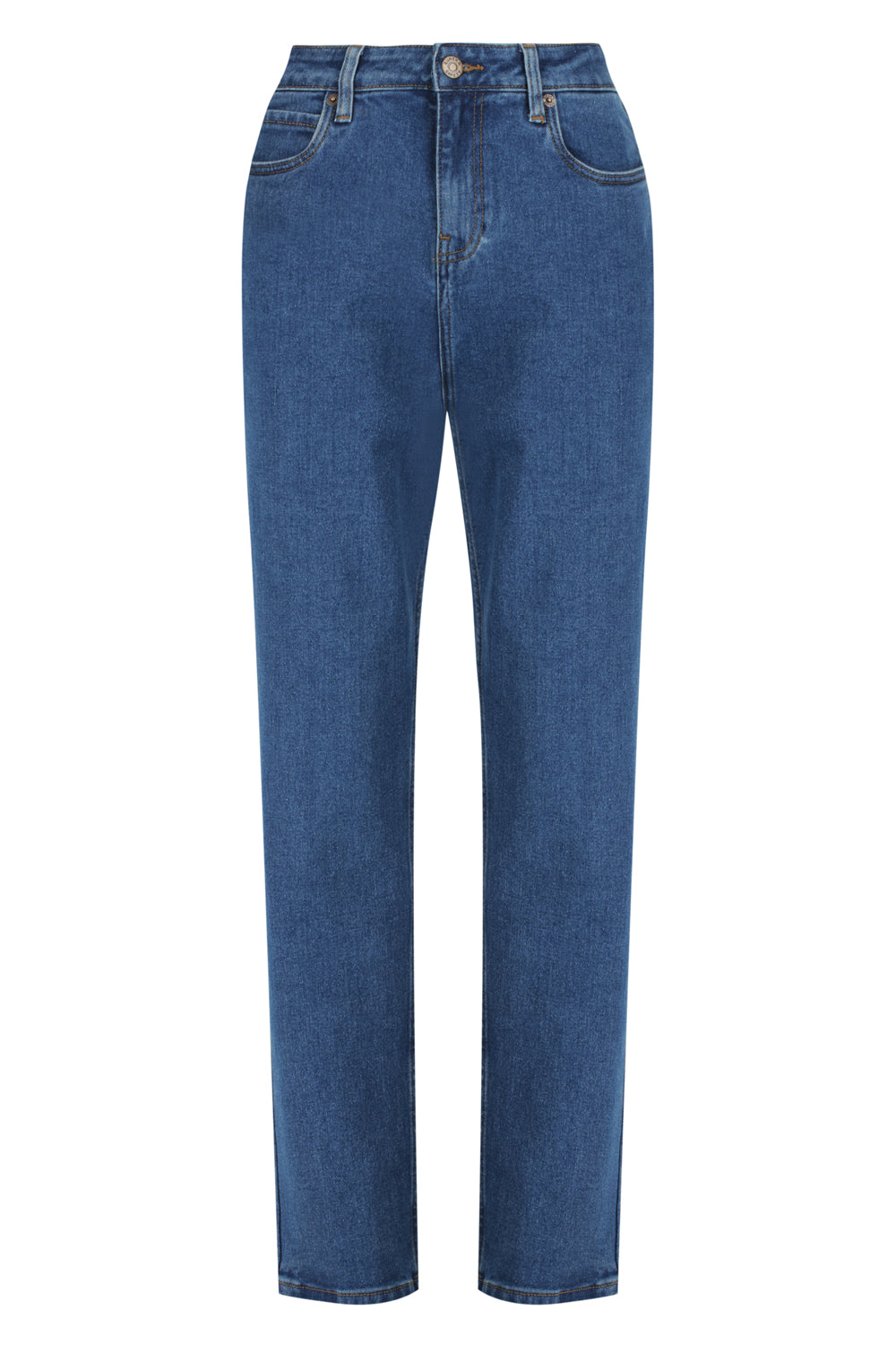 Ladies stretch jeans using 13.75‑oz 97 % cotton and 3 % spandex fabric with golden brass zipper and four‑pocket design for a comfortable women’s fit