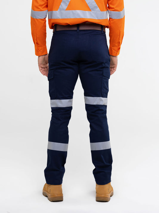 Men’s cotton ripstop cargo pants with bio‑motion reflective tape design; Velcro‑flap cargo pockets; ruler pocket; modern tapered fit; double‑stitched seams