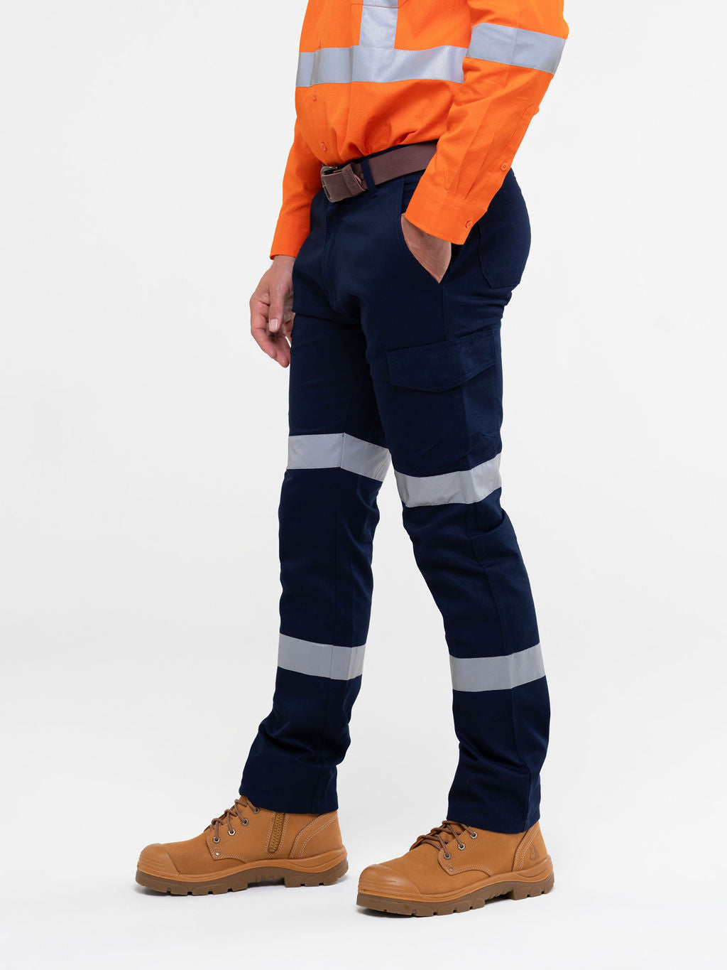 Men’s cotton ripstop cargo pants with bio‑motion reflective tape design; Velcro‑flap cargo pockets; ruler pocket; modern tapered fit; double‑stitched seams