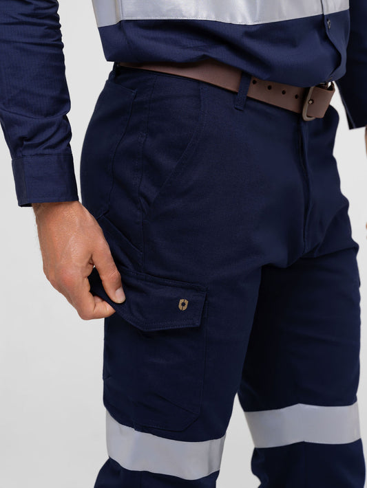 Men’s cotton ripstop cargo pants with reflective tape, Velcro‑flap cargo pockets, ruler pocket, modern tapered fit and double‑stitched construction