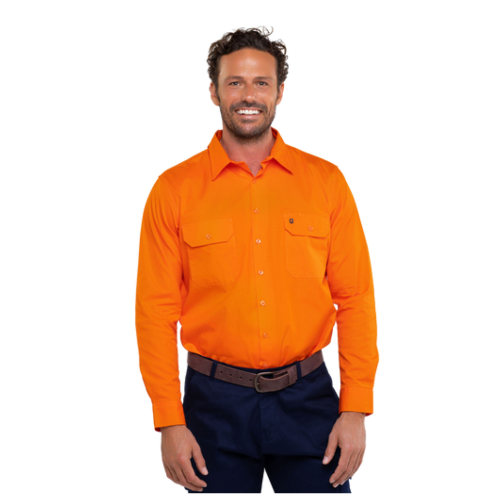 Men’s hi‑vis lightweight cotton long‑sleeve shirt in orange with underarm and back venting, extended sun‑protection collar and modern tapered fit