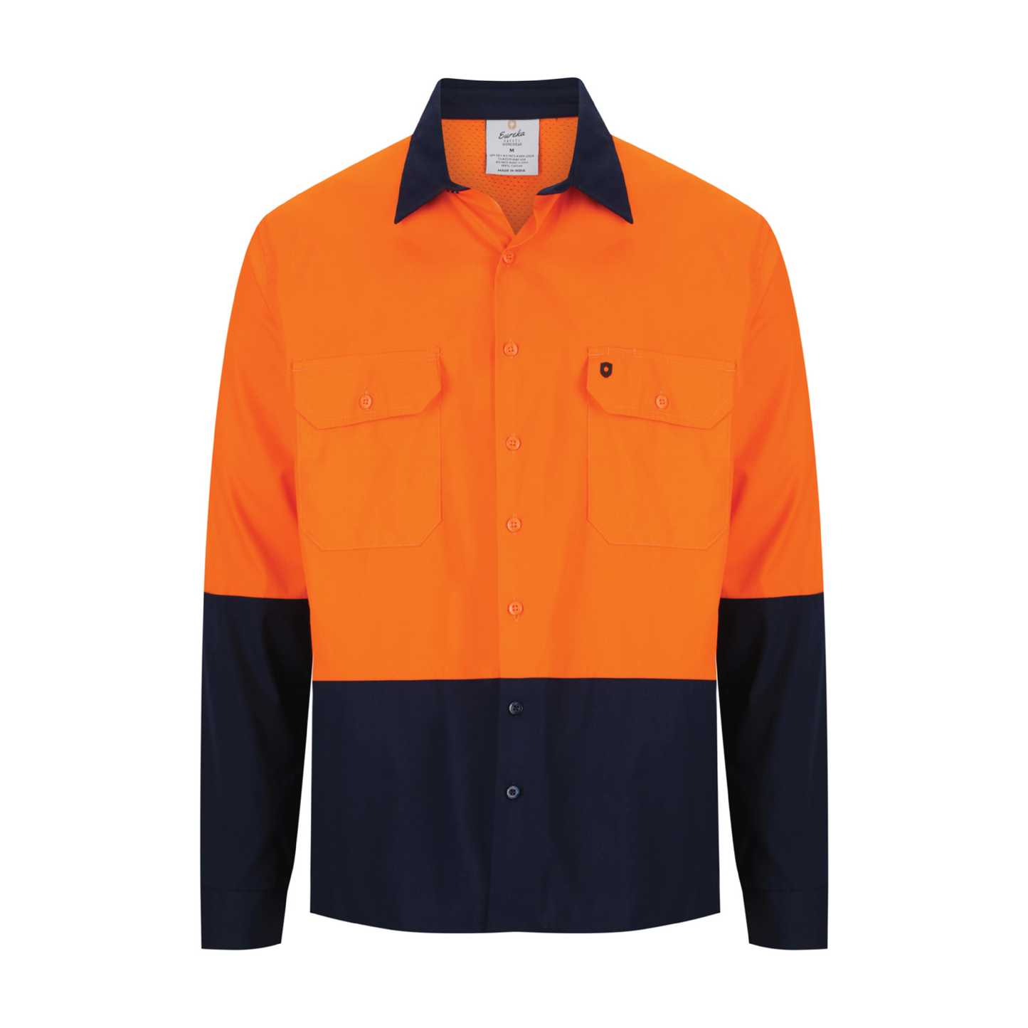 Men’s hi‑vis lightweight cotton long‑sleeve shirt in orange/navy with vented underarms and back, extended sun‑protection collar and modern tapered fit