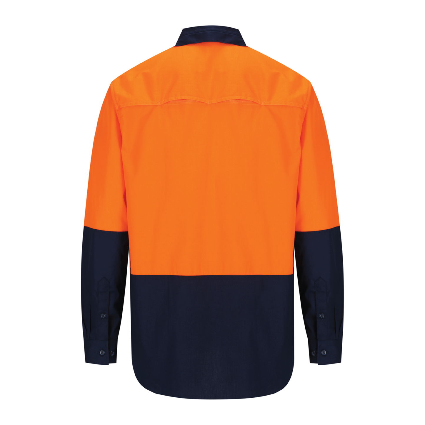 Men’s hi‑vis lightweight cotton long‑sleeve shirt in orange/navy with vented underarms and back, extended sun‑protection collar and modern tapered fit