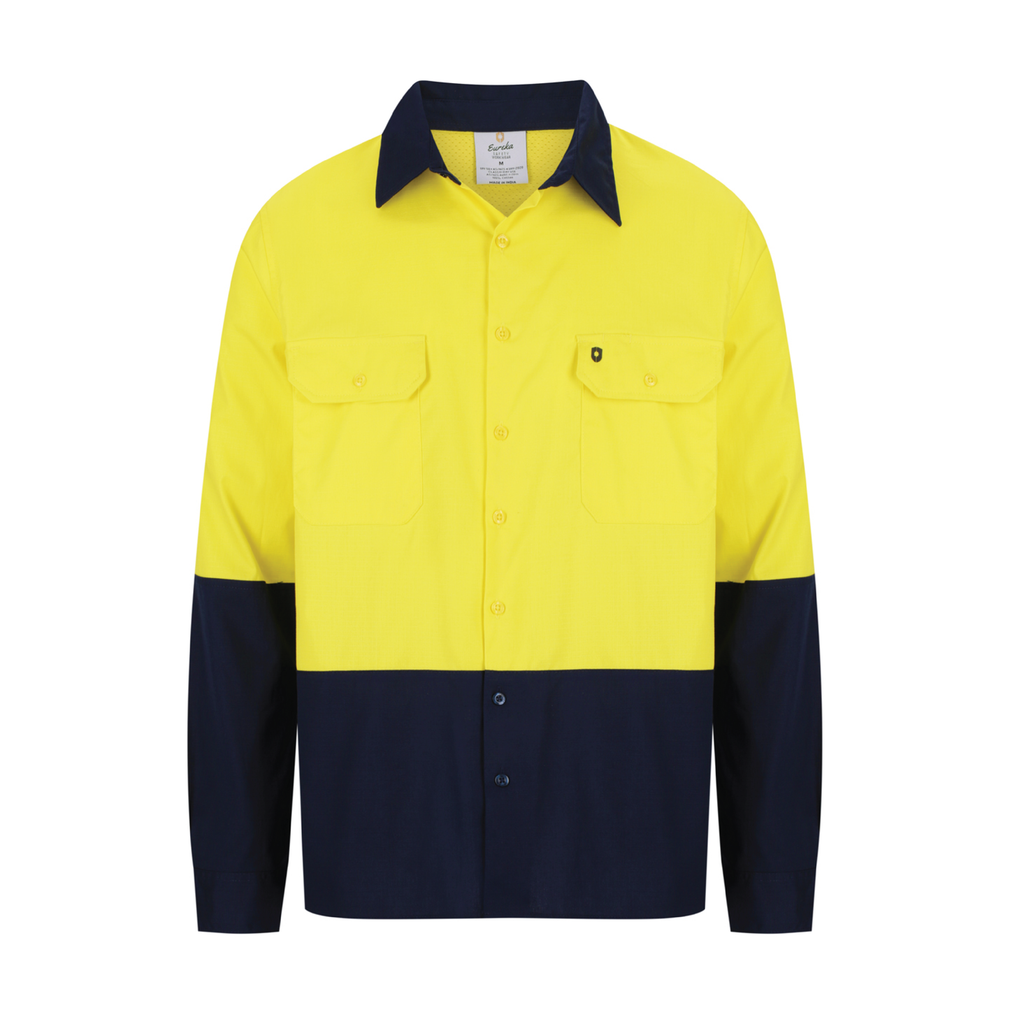 Men’s hi‑vis lightweight cotton long‑sleeve shirt in yellow/navy with underarm/back venting, extended sun‑protection collar and modern tapered fit