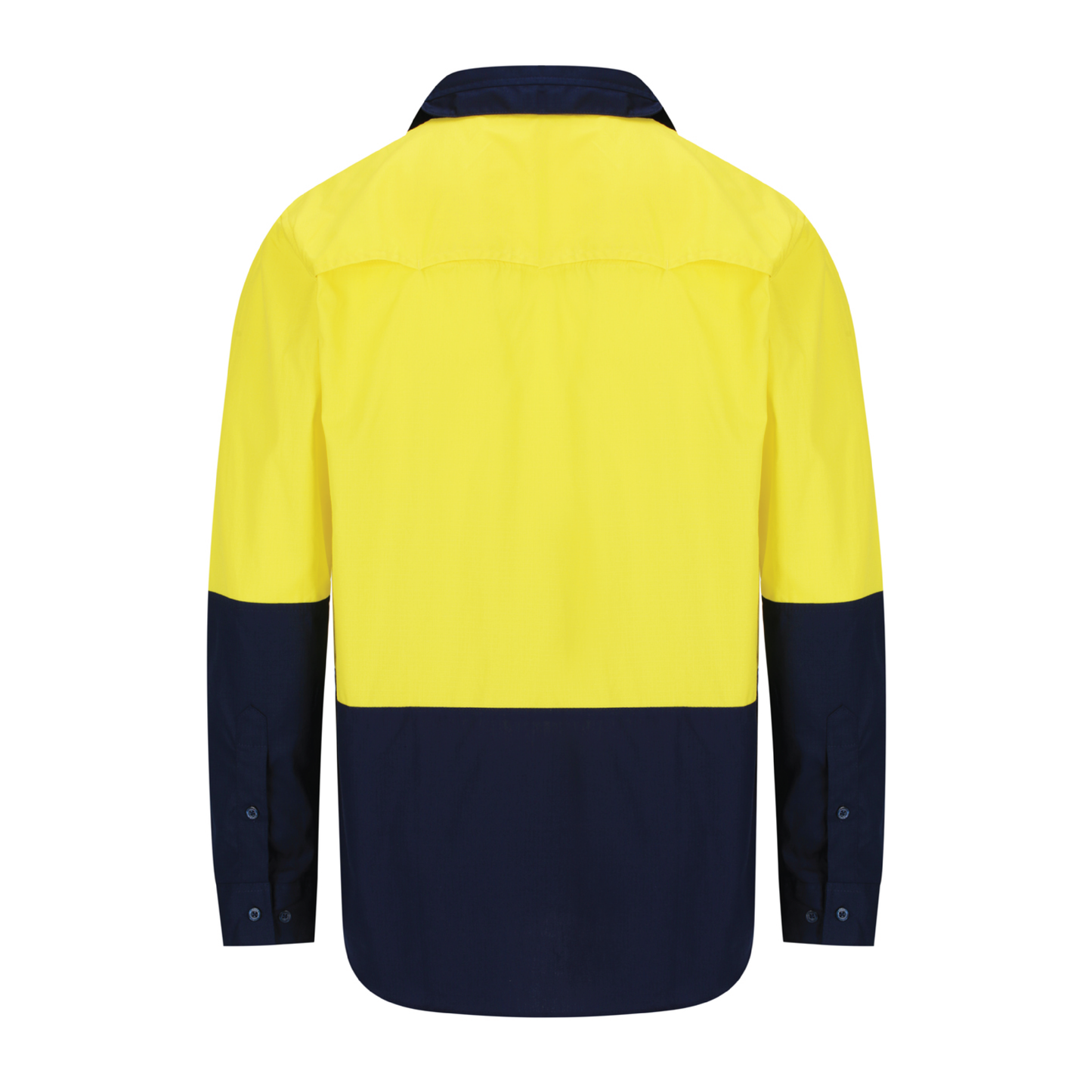 Men’s hi‑vis lightweight cotton long‑sleeve shirt in yellow/navy with underarm/back venting, extended sun‑protection collar and modern tapered fit