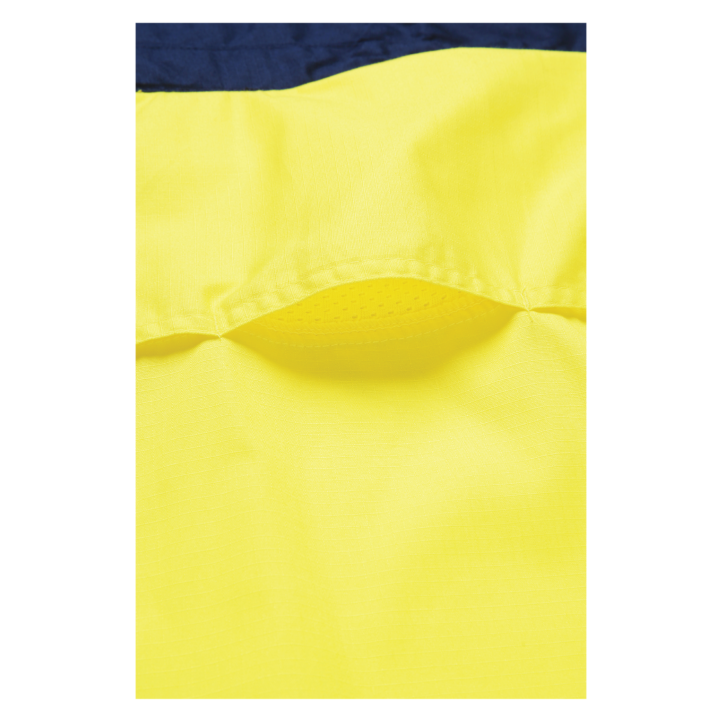 Men’s hi‑vis lightweight cotton long‑sleeve shirt in yellow/navy with underarm/back venting, extended sun‑protection collar and modern tapered fit