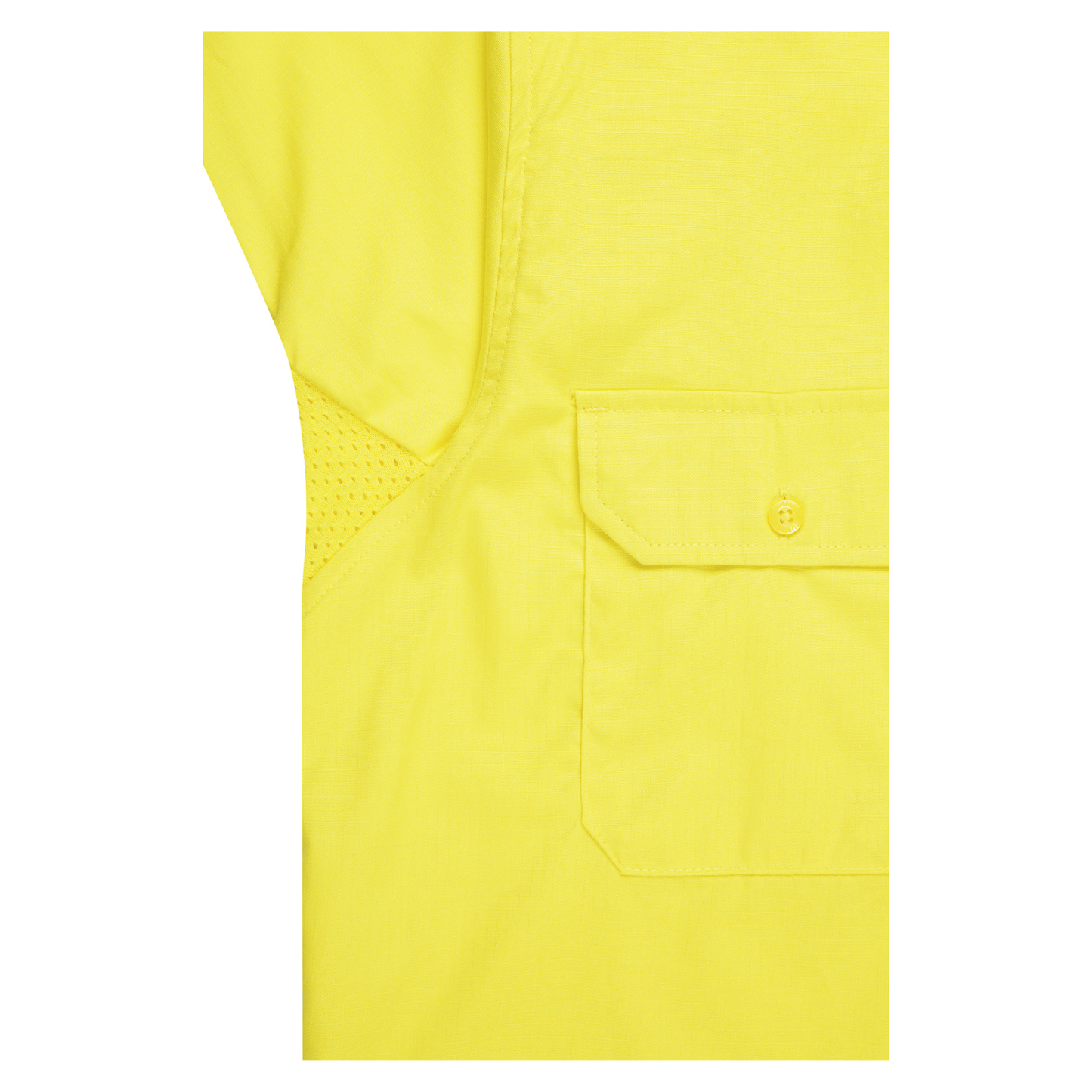 Men’s hi‑vis lightweight cotton long‑sleeve shirt in yellow/navy with underarm/back venting, extended sun‑protection collar and modern tapered fit