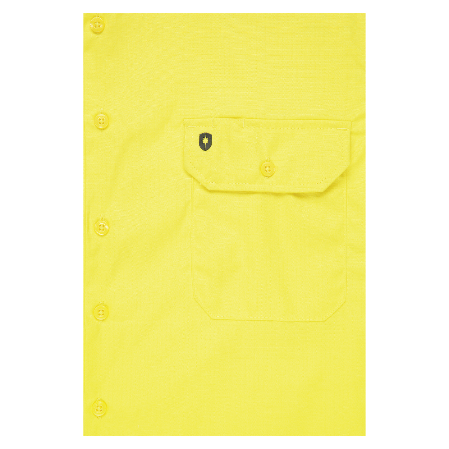 Men’s hi‑vis lightweight cotton long‑sleeve shirt in yellow/navy with underarm/back venting, extended sun‑protection collar and modern tapered fit