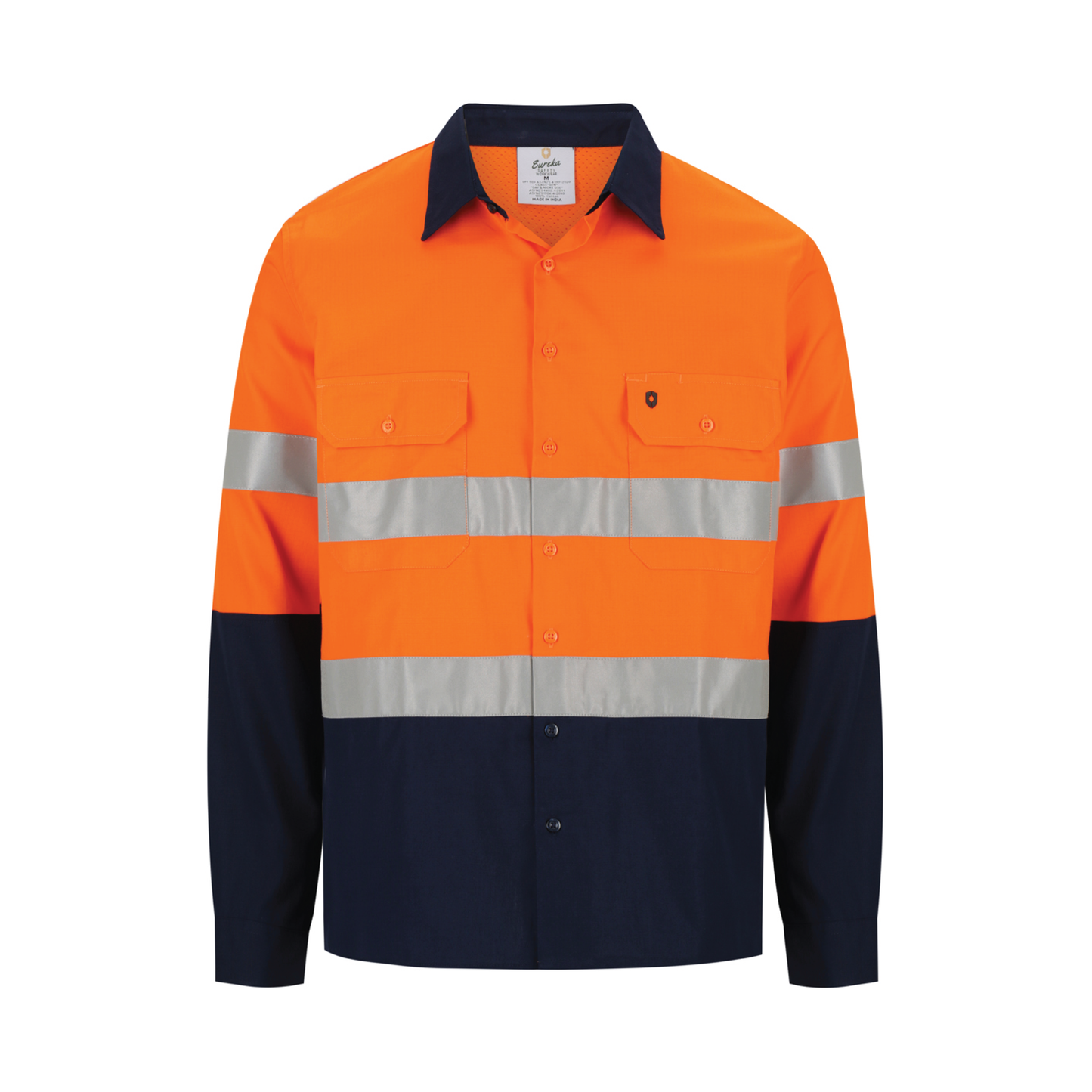 Men’s hi‑vis lightweight 150 gsm ripstop cotton shirt in orange/navy with 50 mm reflective tape, vented underarms/back, extended sun‑protection collar and modern fit