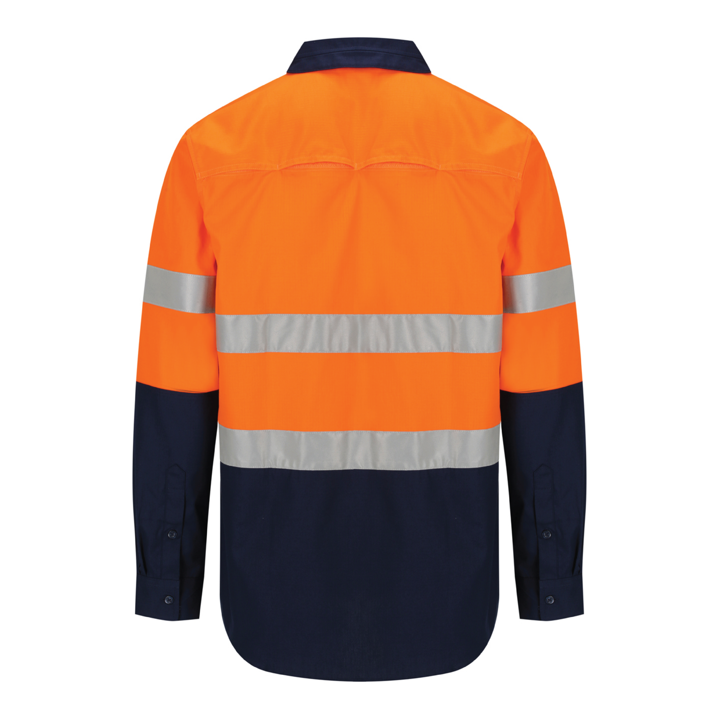 Men’s hi‑vis lightweight 150 gsm ripstop cotton shirt in orange/navy with 50 mm reflective tape, vented underarms/back, extended sun‑protection collar and modern fit