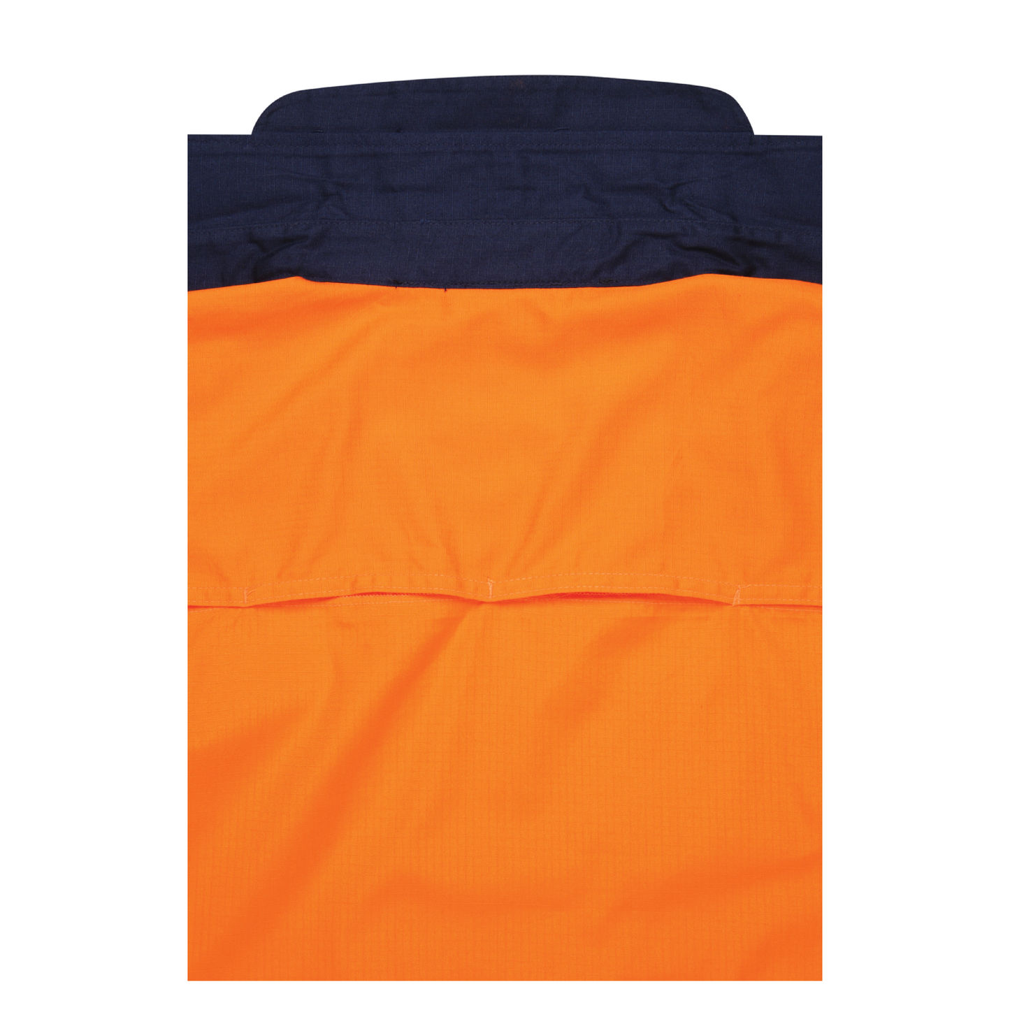 Men’s hi‑vis lightweight 150 gsm ripstop cotton shirt in orange/navy with 50 mm reflective tape, vented underarms/back, extended sun‑protection collar and modern fit