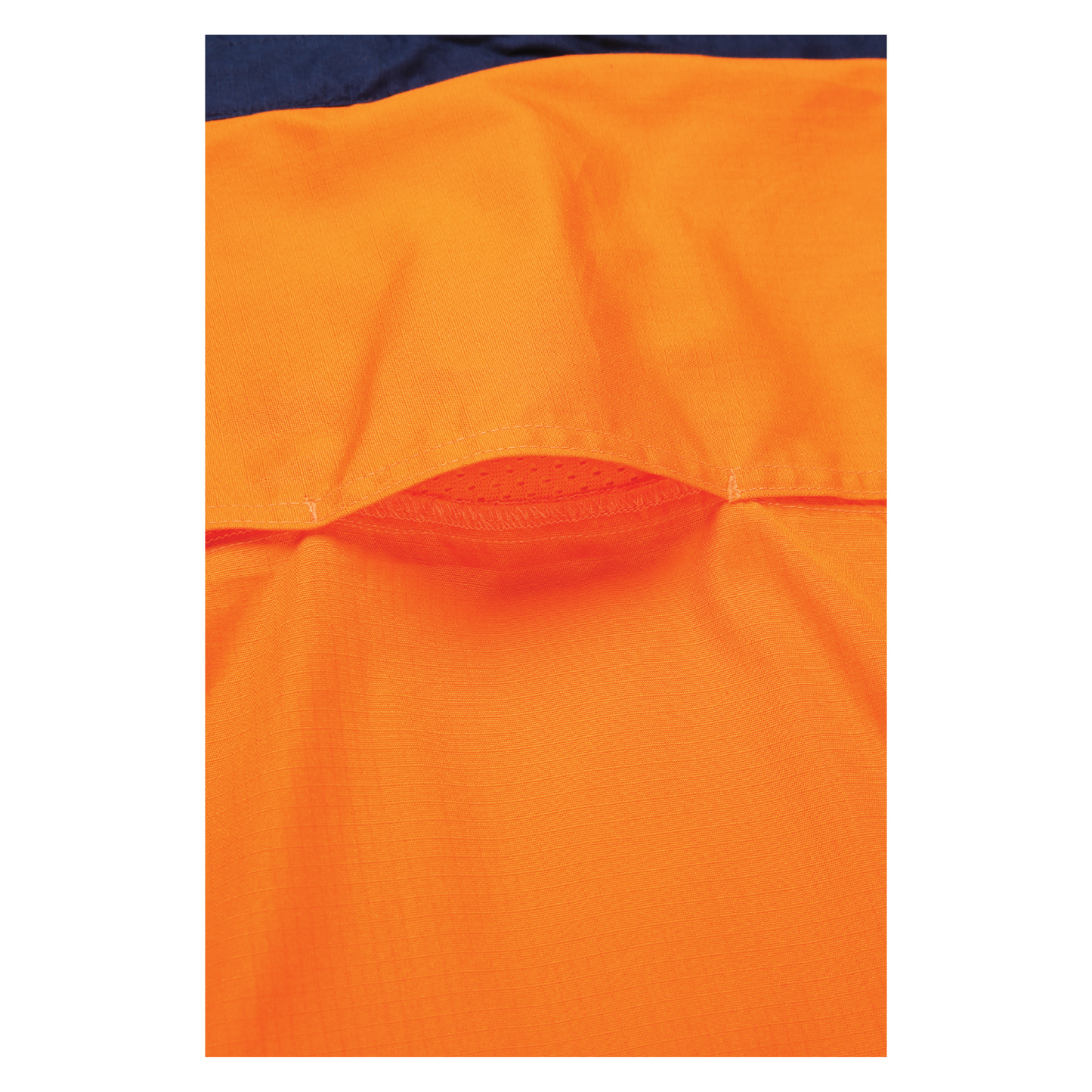 Men’s hi‑vis lightweight 150 gsm ripstop cotton shirt in orange/navy with 50 mm reflective tape, vented underarms/back, extended sun‑protection collar and modern fit