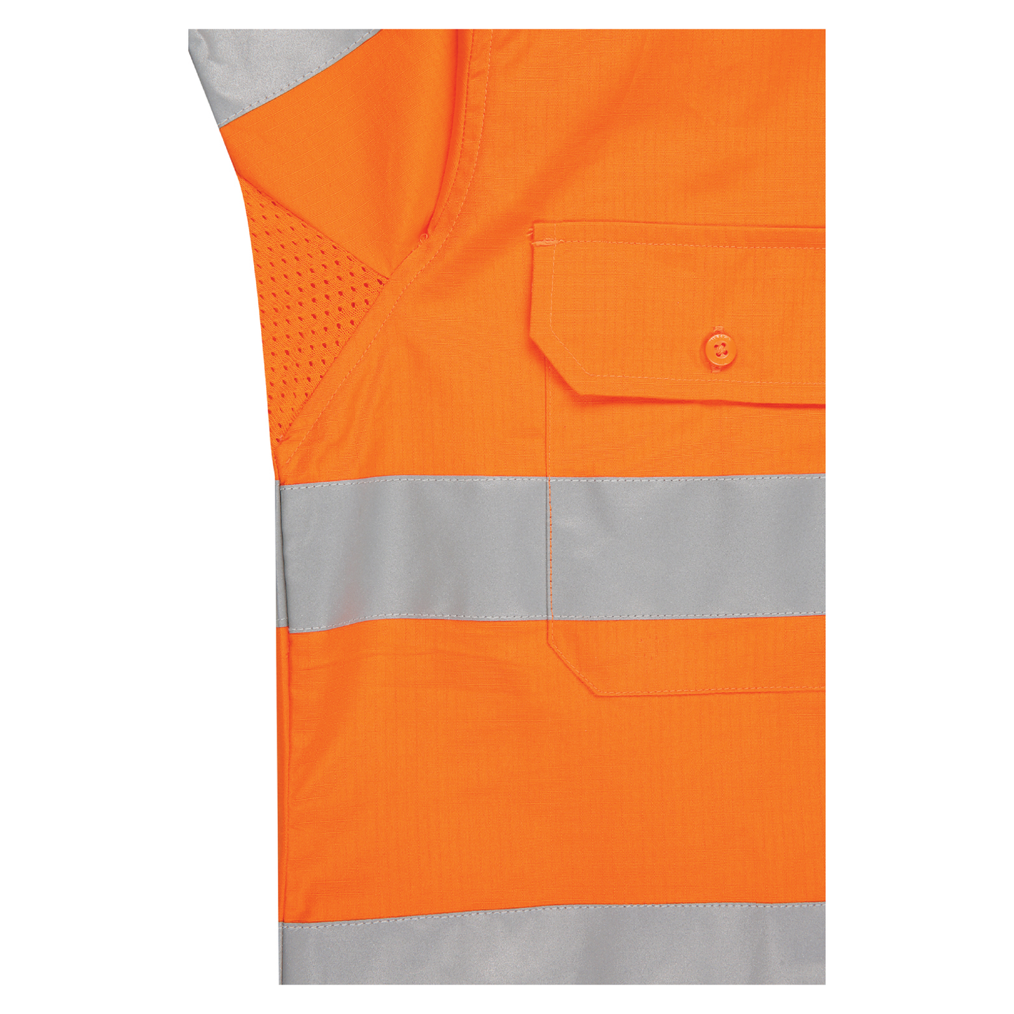 Men’s hi‑vis lightweight 150 gsm ripstop cotton shirt in orange/navy with 50 mm reflective tape, vented underarms/back, extended sun‑protection collar and modern fit