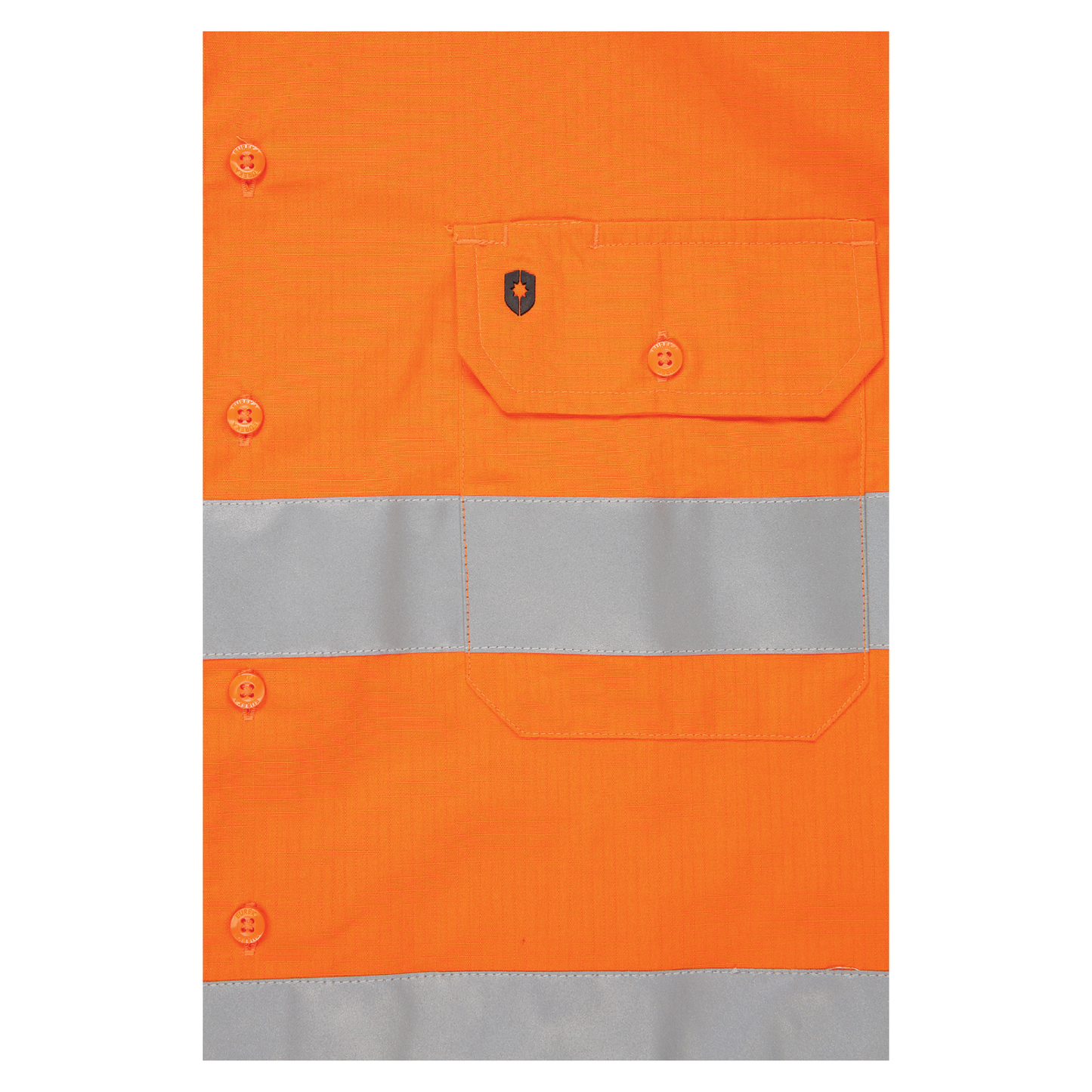 Men’s hi‑vis lightweight 150 gsm ripstop cotton shirt in orange/navy with 50 mm reflective tape, vented underarms/back, extended sun‑protection collar and modern fit