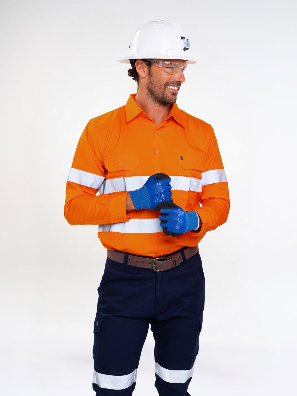 Men’s hi‑vis lightweight ripstop cotton shirt in orange with reflective tape, vented underarms/back, extended sun‑protection collar and modern tapered fit
